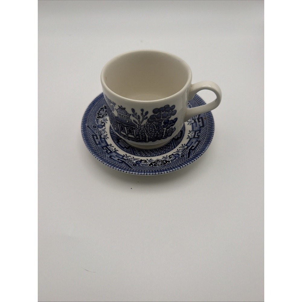 Vintage Churchill Blue Willow  Tea Cup & Saucer Set (England) Blue And White